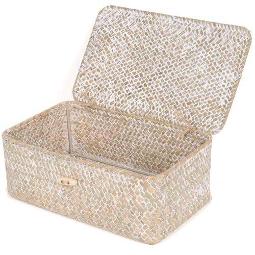 FEIALNDUO Wicker Shelf Baskets with Lid,Seagrass Storage Basket Bins Rectangular Handwoven Basket Boxes for Shelves Desktop Home Organizer (Whitewash, Small)