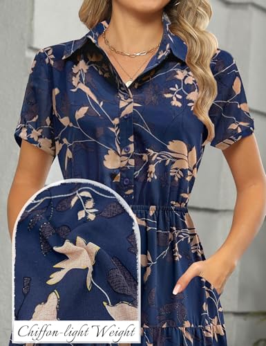 Image of Kranda Women 2026 Summer Collared V Neck Short Sleeve Button Down Chiffon Long Tiered Floral Maxi Dress with Pockets