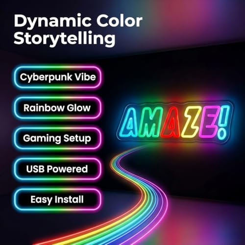 Image of AMAZE! Neon Sign, Rainbow LED, Multi-Color, 16.5x5.4 inchIN | Classroom Neon Sign ,USB Powered, Gamer Room Decor, Sci-Fi Fan Decor, Wall Art