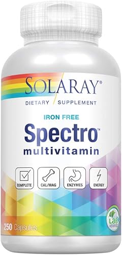 SOLARAY Spectro Multivitamínico, sin hierro  CalMag, verduras energizantes y hierbas con enzimas digestivas  42 porciones  250 cápsulas