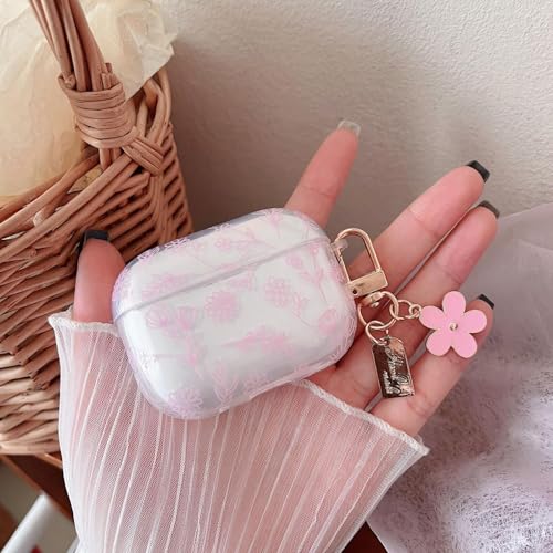 Image of MINSCOSE Compatible with AirPods Pro 2 Clear Case,Cute Flower Floral Aesthetic Design with Flowers Keychain, Soft TPU Protective Shockproof Case for Women Girl for Airpod Pro 2-Pink