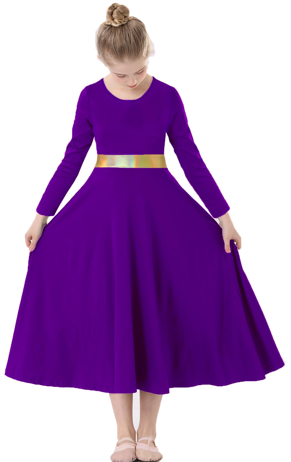 ORIDOOR Girls Praise Dance Dress Metallic Gold Liturgical Worship Church Robe Full Length Swing Lyrical Costume 02-Purple Tag120