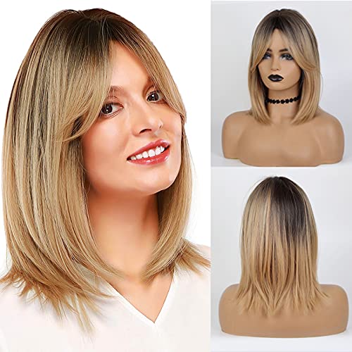 TopWigy Short Brown Bob Wigs with Bangs 14 Inches Ombre Brown Wig with Dark Roots Shoulder Length Wig Synthetic Full Hair Wig Heat Resistant Straight Wig Daily Cosplay Party Costume Wigs for Women