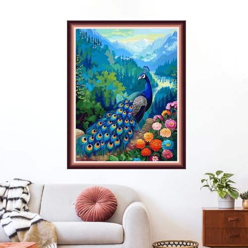 Image of Funxvoot Stamped Cross Stitch Kits for Beginners or Adults Embroidery Starter Patterns | DIY Printed Cross Stitch Kits Needlepoint for Adults or Kids 11CT-Blue Peacock Flower 16x20 inch