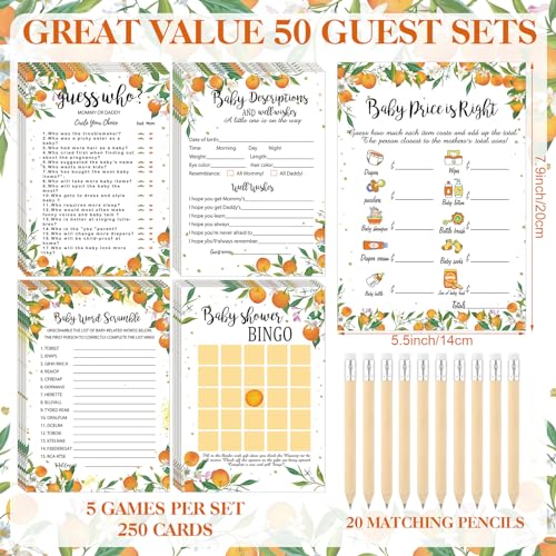 Image of Patelai 321 Pcs Orange Baby Shower Game Supplies for Girl or Boy 5 Set Include 50 Activity Cards 20 Pencils 1 Don't Say Baby Sign 50 Clothespins for Price Is Right Prediction Bingo Game Party Decor
