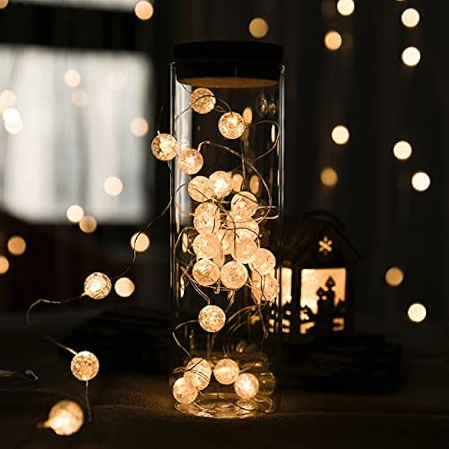 Globe String Lights for Bedroom, Decorative Christmas Lights, Crystal Crackle Ball Lights 10Ft 30 LED Soft White Battery Operated Fairy Lights Perfect for Valentine's Day Decor