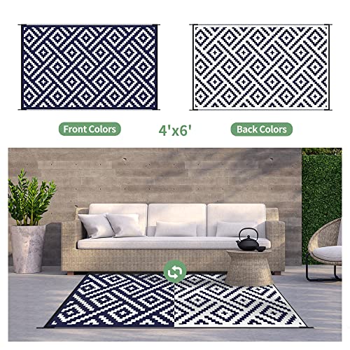 Image of GENIMO Outdoor Rug, Waterproof Plastic Rugs for Patio, 4'x6' Blue White | Outside Larger Modern Carpet Mat for Porch Decor, Deck, Balcony, Camping, RV, Backyard, Picnic, Beach, Reversible, Foldable