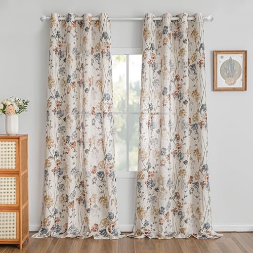 MYSKY HOME Floor to Ceiling Linen Floral Curtains 95 Inch Length 2 Panels Set Semi Sheer Light...