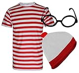 Global Fashion - Disfraz de Wally (camiseta de rayas rojas y blancas, gorro y gafas)