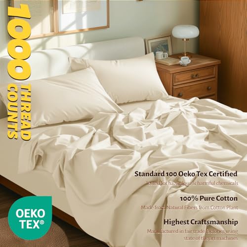 Shilucheng 100% Egyptian Cotton Sheets Set - 1000 Thread Count,Luxury Cotton Bed Sheets,Breathable & Cooling Bedding and Pillow Cases, 16 Inch Deep Pocket - 4 Piece (California King, Beige)