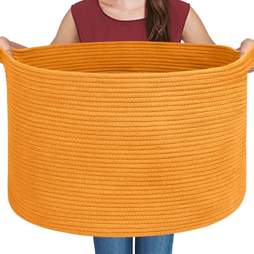 Image of MEGASKET Extra Large Orange Basket, 22 inch X 22 inch X 14 inch Woven Cotton Rope Bins for Blankets, Baby Nursery Wicker Laundry Towel Basket, Kids Dog Toy Storage Box, Big Orange Living Room Decor Organizer