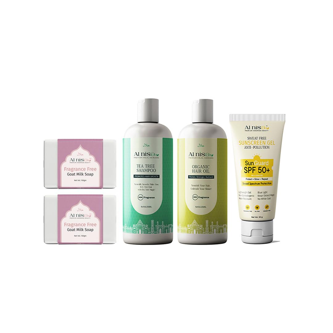 AL NISA Hajj/Umrah Kit Fragrance Free Goat Milk Handmade Soap Set of 2 100gm each x 2 and Organic Hair Oil 250ml with Sweat Free Sunscreen Gel Spf 50gm Herbal Hair Shampoo 250ml Combo Set of 5