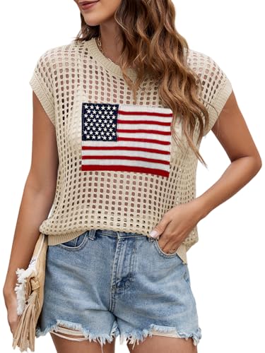 Image of Womens Summer Crochet Tops Hollow Out Cap Sleeve Cover Up Tank Top Pullover Sweater Vest Beach Vacation Clothes