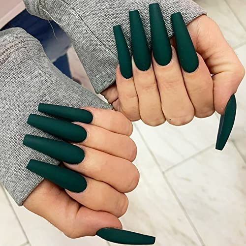 24 Pcs Coffin Press on Nails Long, Sunjasmine Fake Nails Glue on Nails, Matte False Nails with Glue, Acrylic Nails for Women and Girls (Dark Green)