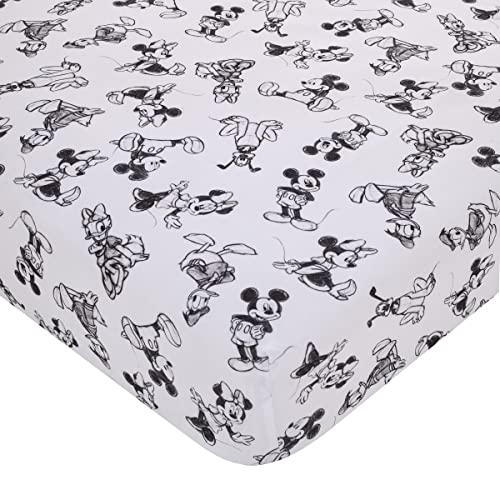Image of Disney Mickey Mouse - Charcoal, Black and White Mickey and Friends, Minnie Mouse, Donald Duck and Pluto Nursery Polyester Fitted Crib Sheet