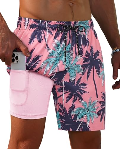 Image of Gleeease 7inch Mens Swim Trunks 2 in 1 with Compression Liner Pockets Drawstring Quick Dry Stretch Lined Funny Beach Pool