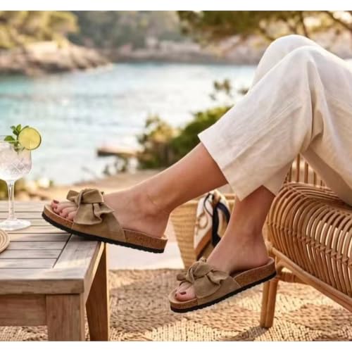 Image of PepStep Slide Sandals for Women or Ladies Dressy Summer Casual, Cute Bow Tie Knot On Top Strap, Comfy Slip On Cork Foot Bed