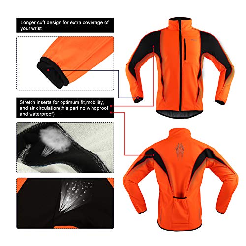 ARSUXEO Winter Warm UP Thermal Softshell Cycling Jacket Windproof Waterproof Bicycle MTB Mountain Bike Clothes 15-K Orange Size Large