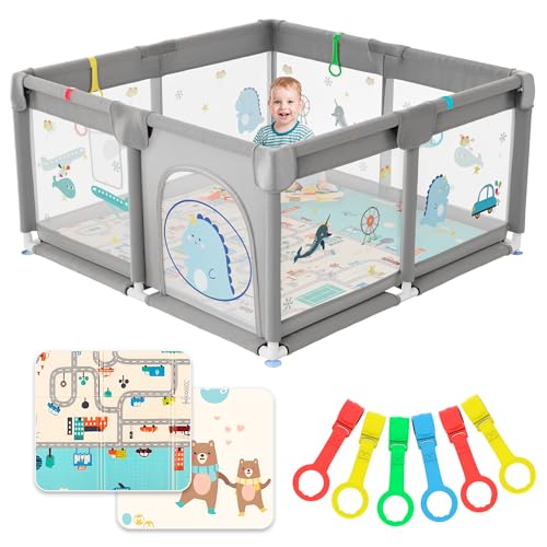 JUPPLIES Parque Infantil Bebe 120x120cm + Alfombra Bebe + 5 Agarraderas – Corralito Bebe con Malla Transpirable – Parque de Juegos Bebe Plegable con Puerta Lateral – Playpen Bebe - Gris