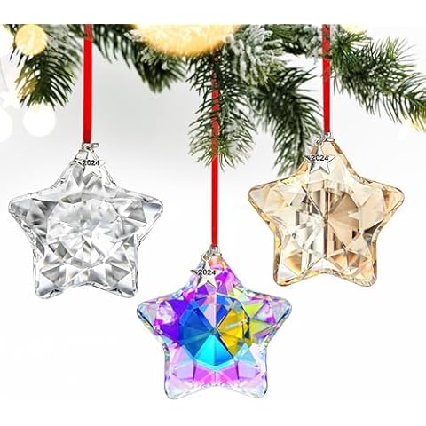 H&D HYALINE & DORA 2024 Annual Christmas Hanging Ornaments Crystal Star Set of 3 Star Christmas Tree Ornaments Crystal Sun Catcher Hanging for Christmas Party Decor Cover