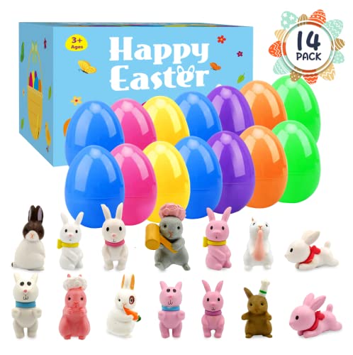 Kidpal Toys Filled Easter Baskets, Easter Treats for Kids, 14 Filled Plastic Easter Eggs with 14 Mini Rabbit for Easter Eggs Stuffers, Perfect for Easter Egg Hunt, Prizes, Easter Party Decoration