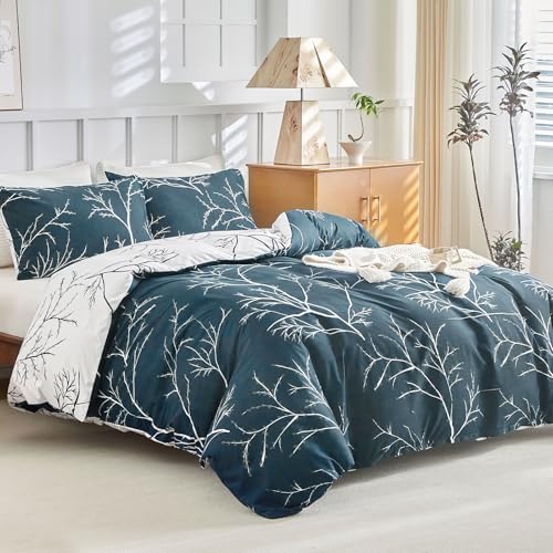 Tokokimo Bettwäsche 200x220 3teilig - Bettwäsche-Sets mit 2 Kopfkissenbezüge mit Reißverschluss 80x80 cm - Zweigmuster Mikrofaser Bettbezug für Doppelbetten mit Reißverschluss, Marineblau Tokokimo Bettwäsche 200x220 3teilig - Bettwäsche-Sets mit 2 Kopfkissenbezüge mit Reißverschluss 80x80 cm - Zweigmuster Mikrofaser Bettbezug für Doppelbetten mit Reißverschluss, Marineblau