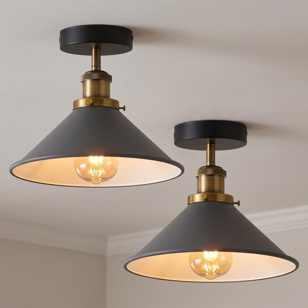LEDSone Pack of 2 Vintage Semi Flush Mount Ceiling Light with E27 Base 22cm Metal Grey Cone Lamp Shade Lighting Fixtures for Farmhouse Kitchen Bedroom Livingroom with Bulb