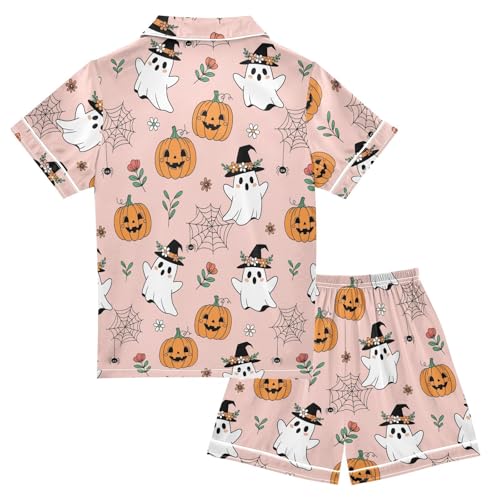Satin Pajama Sets Short Sleeve Halloween Ghosts Pumpkins Spiders Button Down Silky Nightwear 2 Piece PJS 5-14Y2