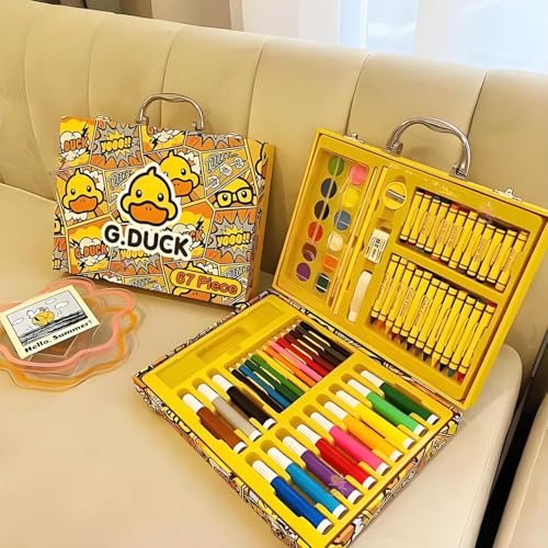 Image of WISHKEY 67 Pieces Art Set for Kids with Duck Theme Case, Art and Craft Supplies Kit for Drawing and Painting with Sketch Pen, Paint Colors, Brush, Color Pencils, Crayons (Pack of 1, Yellow)