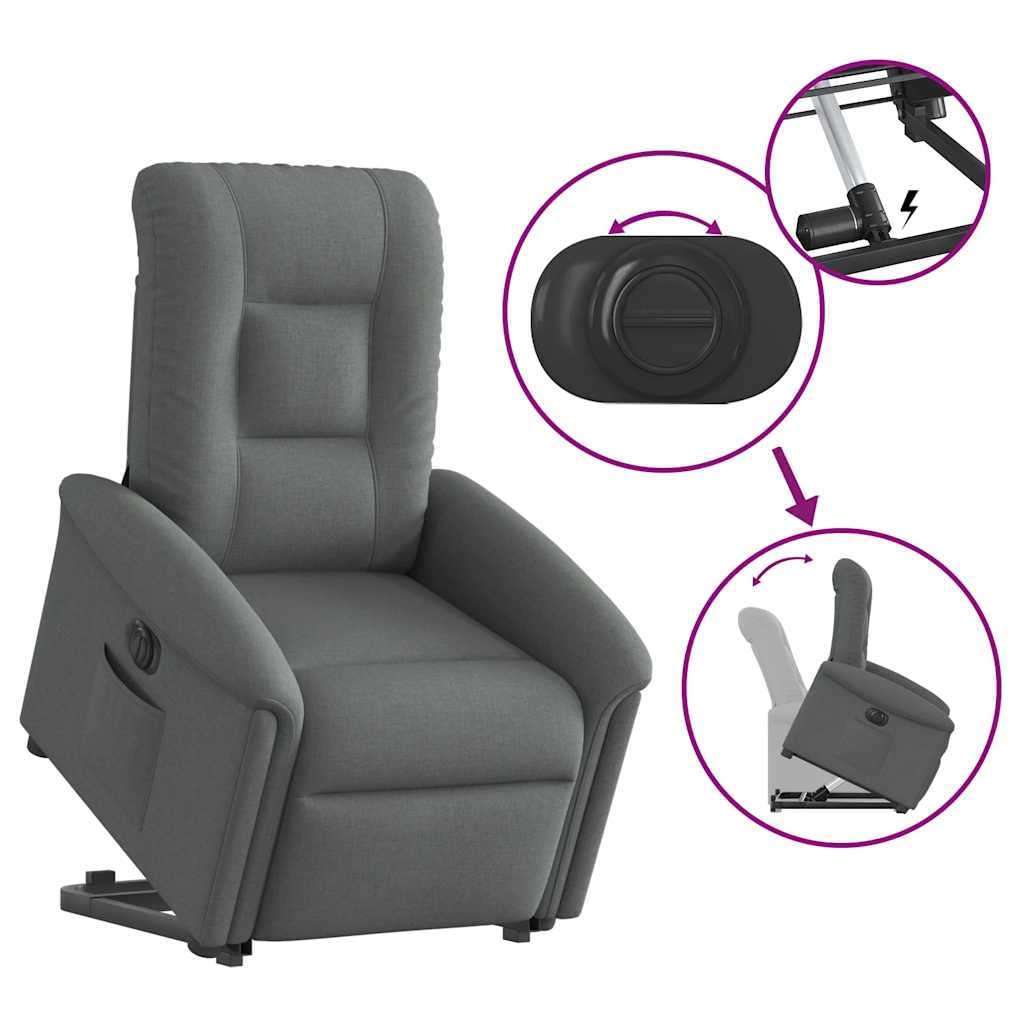 Sillón elevador reclinable eléctrico gris oscuro tejido con función de elevación e inclinación 135 grados, estructura estable y bolsillo lateral, asiento acolchado