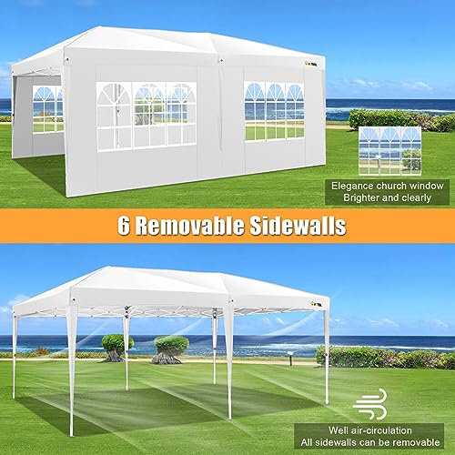 Image of HOTEEL 10x20 Pop Up Canopy Tents for Parties, Outdoor Tent with 6 Sidewalls & 8 Wind-Resistant Rods & Carry Bag, Easy Setup for Wedding, Patio Events, Commercial, Waterproof and UV50+ Protection,White