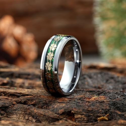 King Will 8mm Tungsten Clover Wedding Band for Men Gunmetal Ring Shell Plated Four Leaf Clover Inlay High Polish Beveled Edge Engagement Rings Comfort Fit Size 7-142