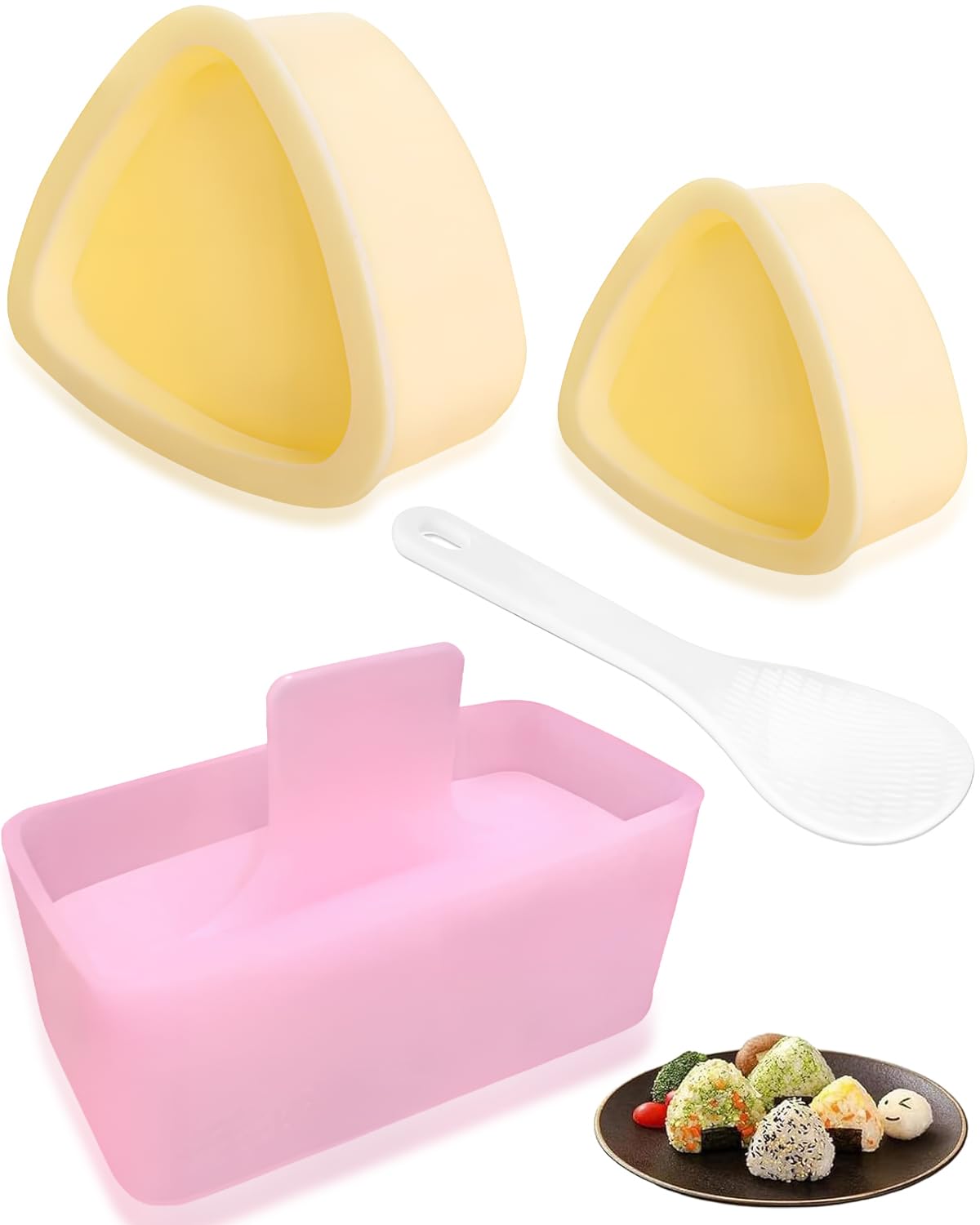 Qiifaiikooii 3 Pack Onigiri Mold, Rice Ball Mold Musubi Maker Kit for Home DIY, Non Stick, Yellow Pink, Silicone, Triangular