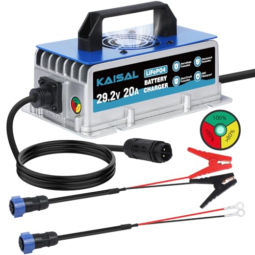 24V 20A Lithium Battery Charger 29.2V LiFePO4 Battery Charger IP67 Waterproof & 0V Wake Up 24 Volt Lithium Charger with 2 Connectors 8 Protections for 25.6V LiFePO4 Battery of RV Boat Marine Solar
