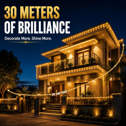 Image of Gesto 30 Meter LED String Lights - Warm White 8mm Big Led Fairy Lights for Decoration | 360 Glow Waterproof Copper Wire Lights for Home Decor Balcony Outdoor Christmas & Diwali Decoration- Pack of 10