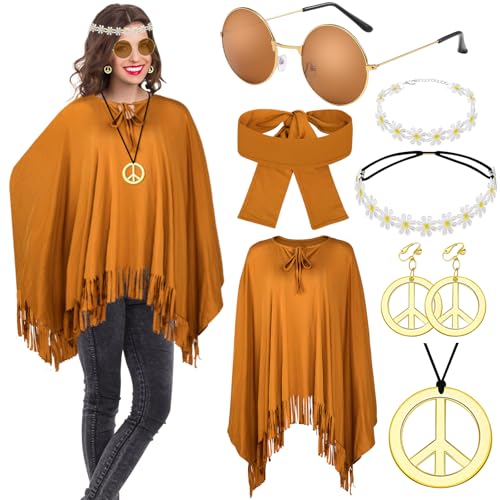 ATOWORLD Hippie Kostüm Damen Set mit Hippie Poncho und Zubehör Karneval Fasching Hippie Kleidung Damen Boho Flower Power 60er 70er Jahre Bekleidung...