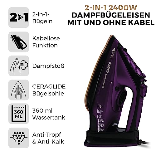 Tower T22008 CeraGlide Kabelloses Dampf Bügeleisen mit Keramiksohle - Dampfbügeleisen mit Variabler Dampffunktion, Lila – Bild 3