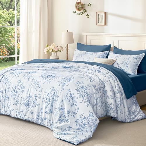 Image of Andency Floral Comforter Full Set, 7 Pieces Blue Rose Flower Bedding Set