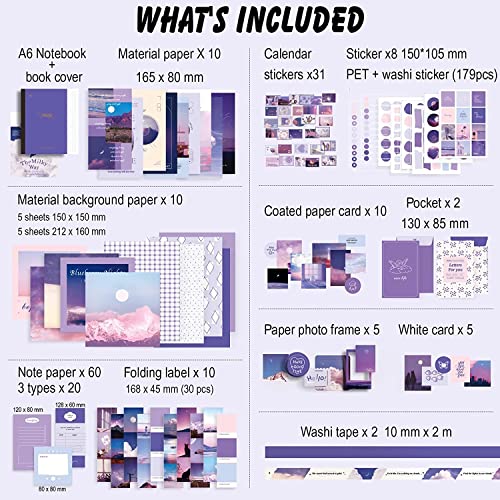 Image of MGNLR Paper Vintage Aesthetic Scrapbook Kit(346Pcs) Scrapbooking Supplies Kit with Bullet Junk Journal,Stationery,A6 Grid Notebook Journaling Gift for Girl (Purple Scrapbook)