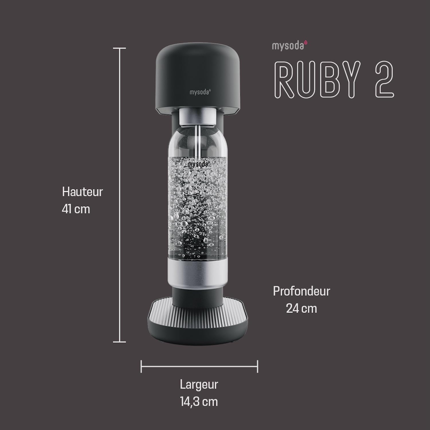 Mysoda Ruby 2 - Machine à eau pétillante design avec une bouteille d'eau en PET (sans cylindre de CO2) - Noir-Argent