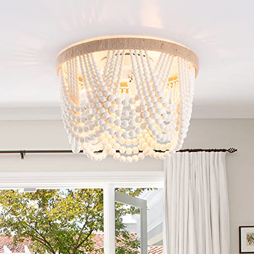 VILUXY Bohemia Wood Beaded Flush Mount Ceiling Light Antique Rustic Mini Chandelier White Finishing for Bedroom,Nursery Room, Girl Room, Hallway, Entryway, Passway, Dining Room, 3-Light - Image 3