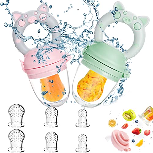 Kaiyingxin® Tetine Grignoteuse Bebe, 2 Grignoteuse Bébé + 8 Tailles de Tétines Sans BPA, Tetine Fruits Bebe, pour Enfants de 3 à 24 Mois L'aliment Complémentaire de Bouillie de Dentition Végétale