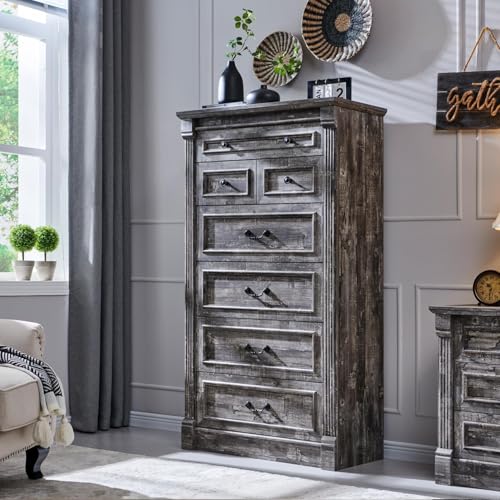 Image of Farmhouse 7 Drawers Dresser for Bedroom, 57 inch Tall Large Dressers & Chests of Drawers w /Roman Column, Storage Dressers Organizer for Bedroom, Hallway, Living Room, Light Grey