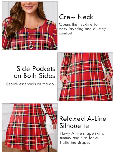 Image of AusLook Women's Plus Midi Dress Long Sleeve Crew Neck A-Line Swing Flowy Vacation Fall Wedding Guest Dresses with Pocket 1-5X