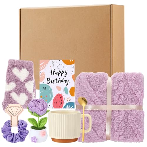 Suncalla 7 Pcs Graduation Gift Set for Women Thank You Teacher Gift Set Self Care Mothers Day Package with Blanket Socks(Purple Rose)