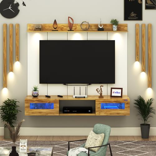 Image of Anikaa OriloPro Engineered Wood Wall Mount TV Unit with PVC Back Panel, Acrylic Blue LED Storage Box, Side Wooden Accent Spot Light Panels I Deal for Up to 50 Inch TV (Giantwood - DIY Installation)