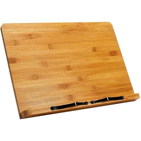 AREAJD Bamboo Book Holder, Book Stand, Adjustable Book Holder Tray and Page Paper Clips-Cookbook Reading Desk, Wood Dessert Display Stands Cover