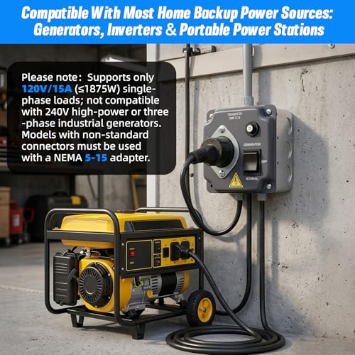 Image of 15 Amp 125V Manual Generator Transfer Switch for 120V Portable Generators, Power Stations,Solar Systems, Pre-Wired Generator Transfer Switch for Home, RV, and Outdoor Emergency Power Needs