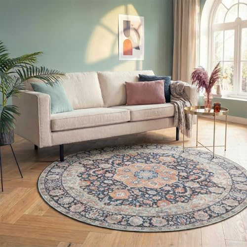 FRAAI | Home & Living Volero Teppich Vintage Rund - Imagine Medaillon Blau - Baumwolle, Polyester - Flachgewebe - Vintage, Orientalisch - Wohnzimmer, Esszimmer, Schlafzimmer