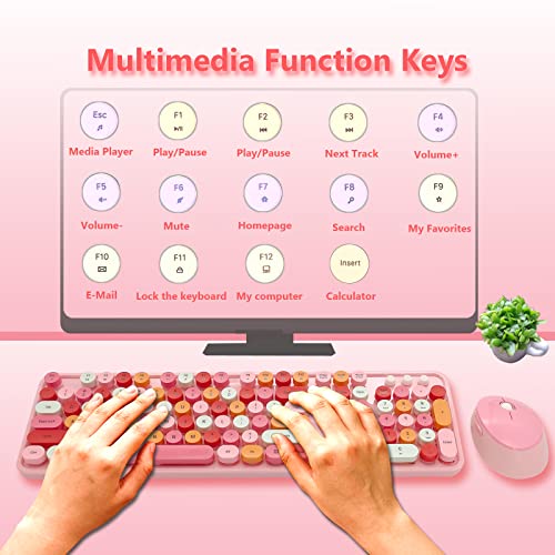Image of Wireless Keyboard and Mouse Combo, Ergonomic Cute Retro Typewriter Full Size Colorful USB Cordless Keyboard Mouse Set for Gaming and Office (Pink)